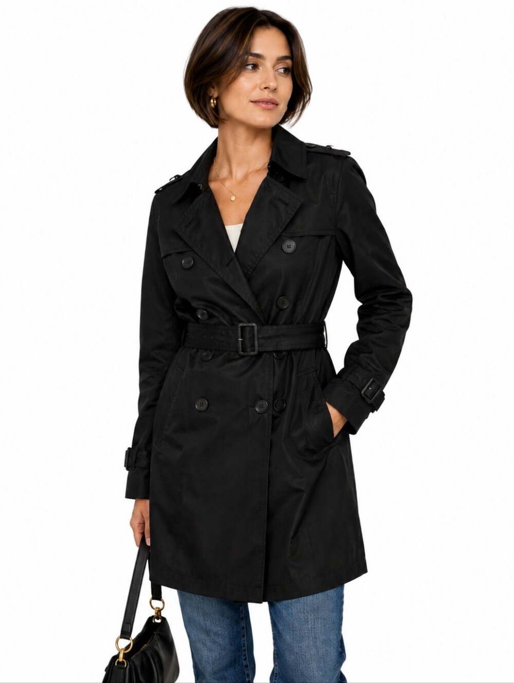 Banana Republic Trench Coat Petite S Black Cotton Belted Double Breasted
